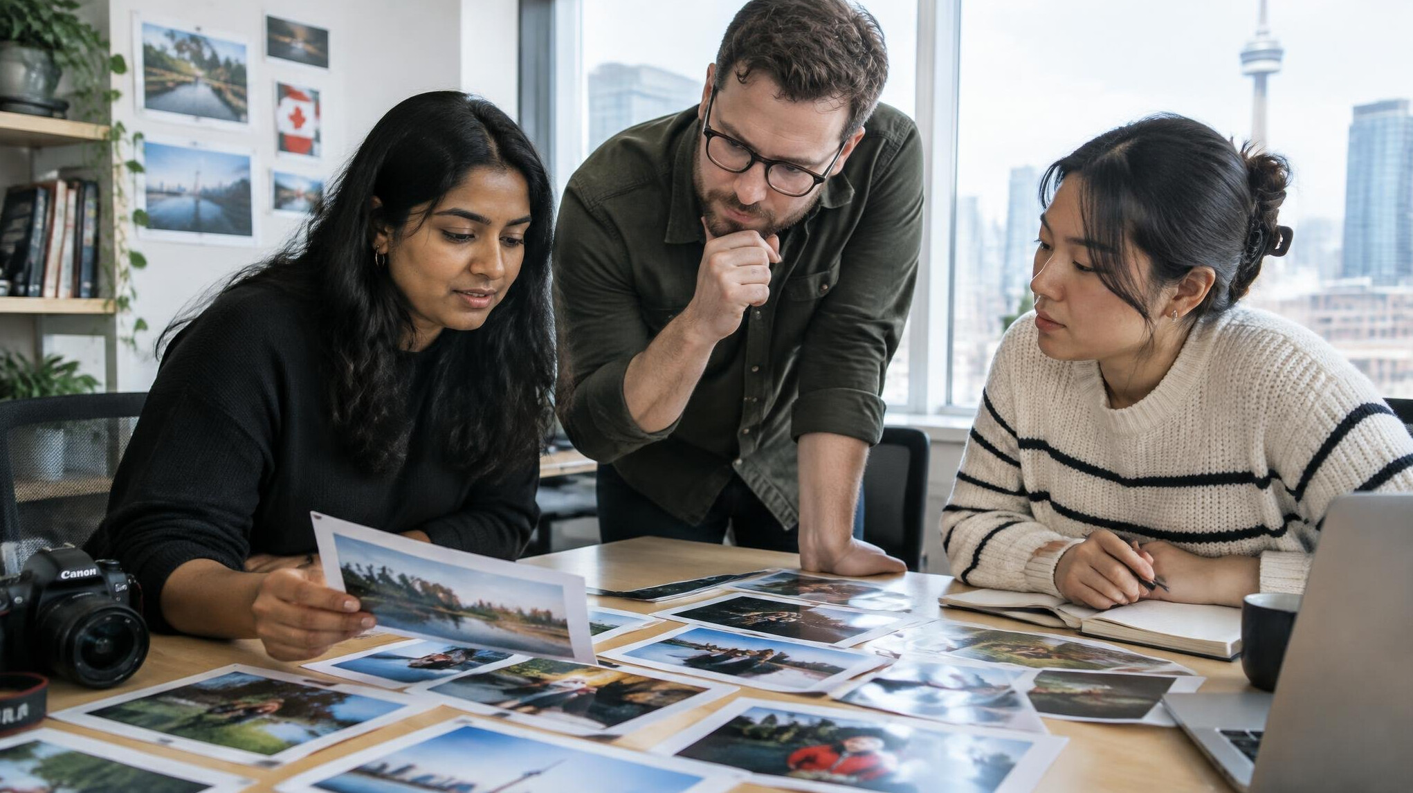 Editorial team reviewing photographs together