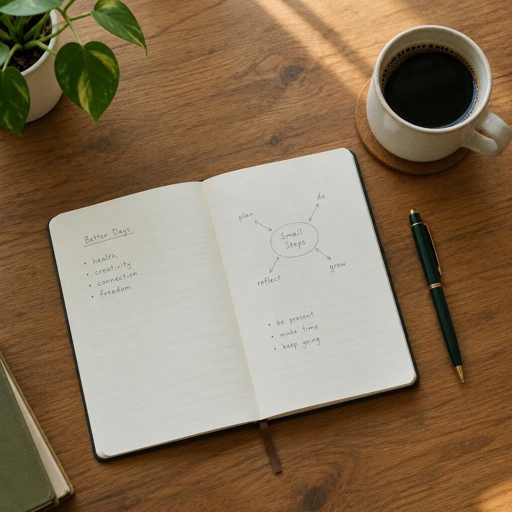 Notebook and pen on a wooden desk with coffee