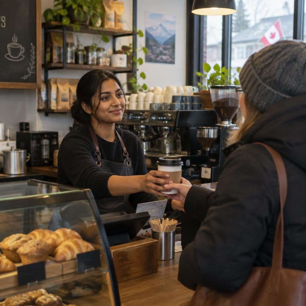 Person ordering at a small neighborhood cafe