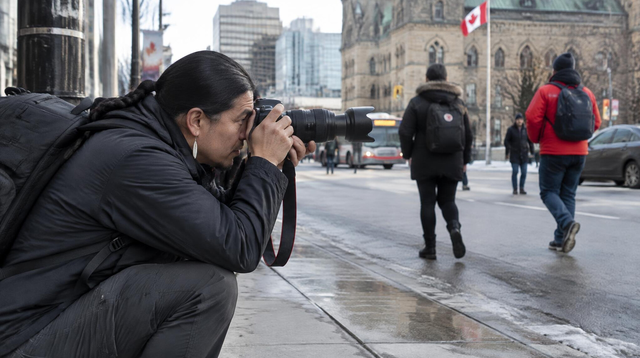 Photographer taking photos on a city street