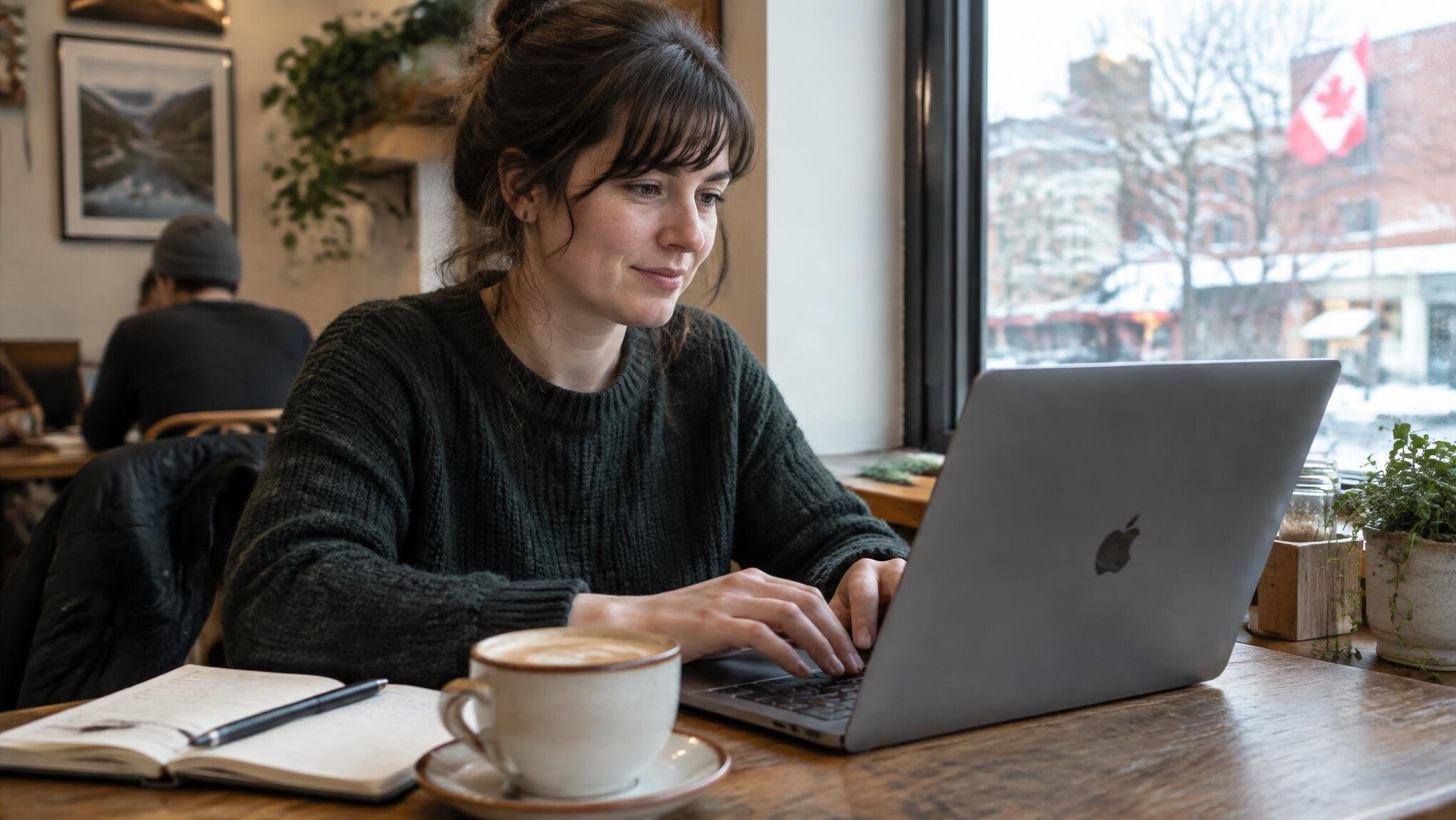 Writer typing on a laptop at a cafe table