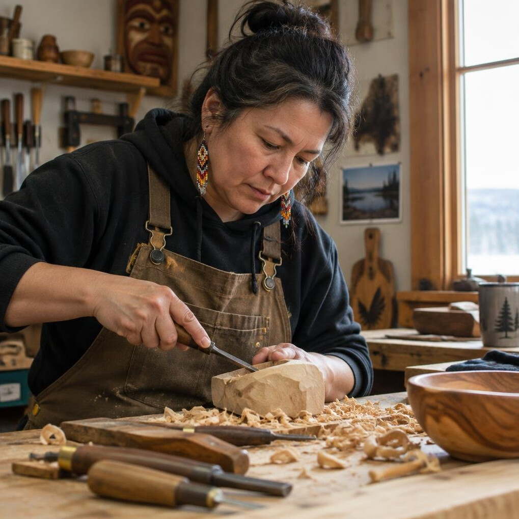 Artisan working in a small woodworking studio