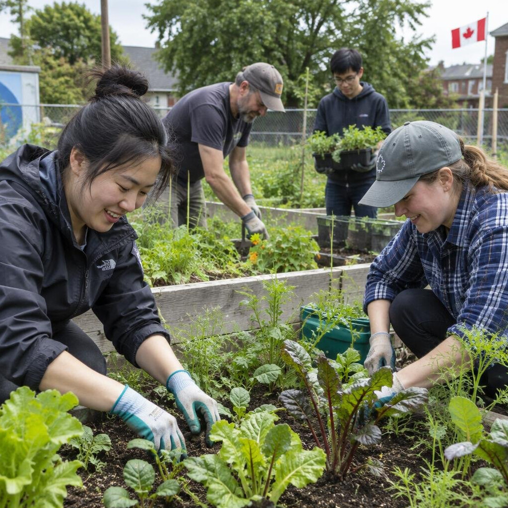 Volunteers working in a community garden